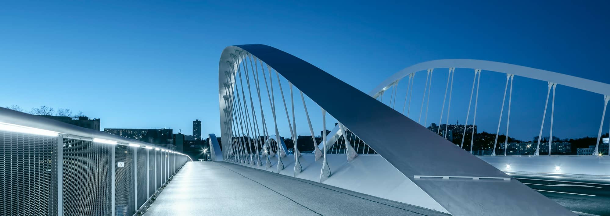 Panoramic view of schuman bridge by night, lyon